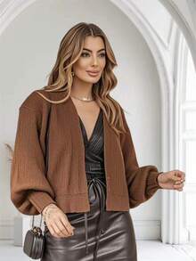 Women's Knitted Winter Coat With Puff Sleeves, Simple, Knitted - Café integral - Ver 1