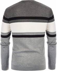 Suéter de cuello redondo de hombre con rayas y contraste de punto fino - Gris medio-blanco-negro - Ver 7