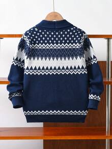 Boys & Teens' Geometric Pattern Contrast Collar Knit Cardigan Sweater, Suitable For School, Everyday Wear, Spring, Autumn, Winter - Navy Blue - View 2