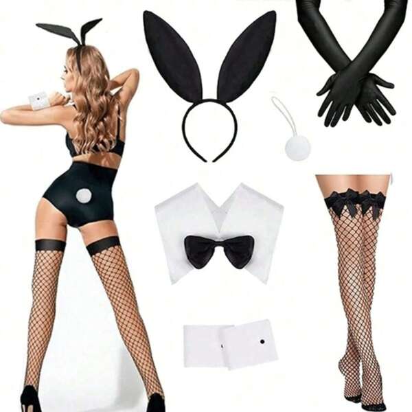 Disfraz de conejo para mujer, incluye diadema con orejas de conejo, collar, puños con moño. Disfraz de Pascua para fiesta de Halloween (excluye la ropa del modelo)