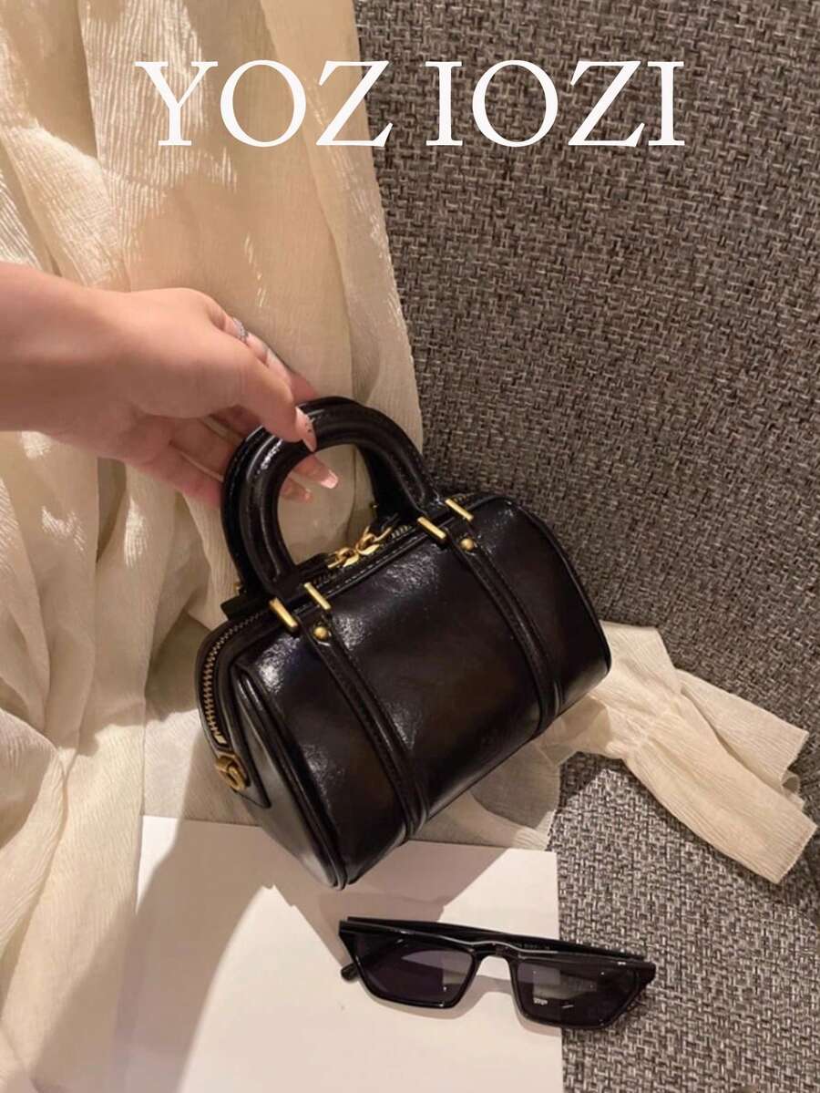 復古荔枝紋理手提保齡球包,秋冬百搭時尚女款上班通勤斜挎枕頭包 - 黑色 - 查看 1