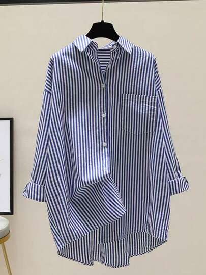 Women's Contrast Stripe Front Button Pocket Shirt