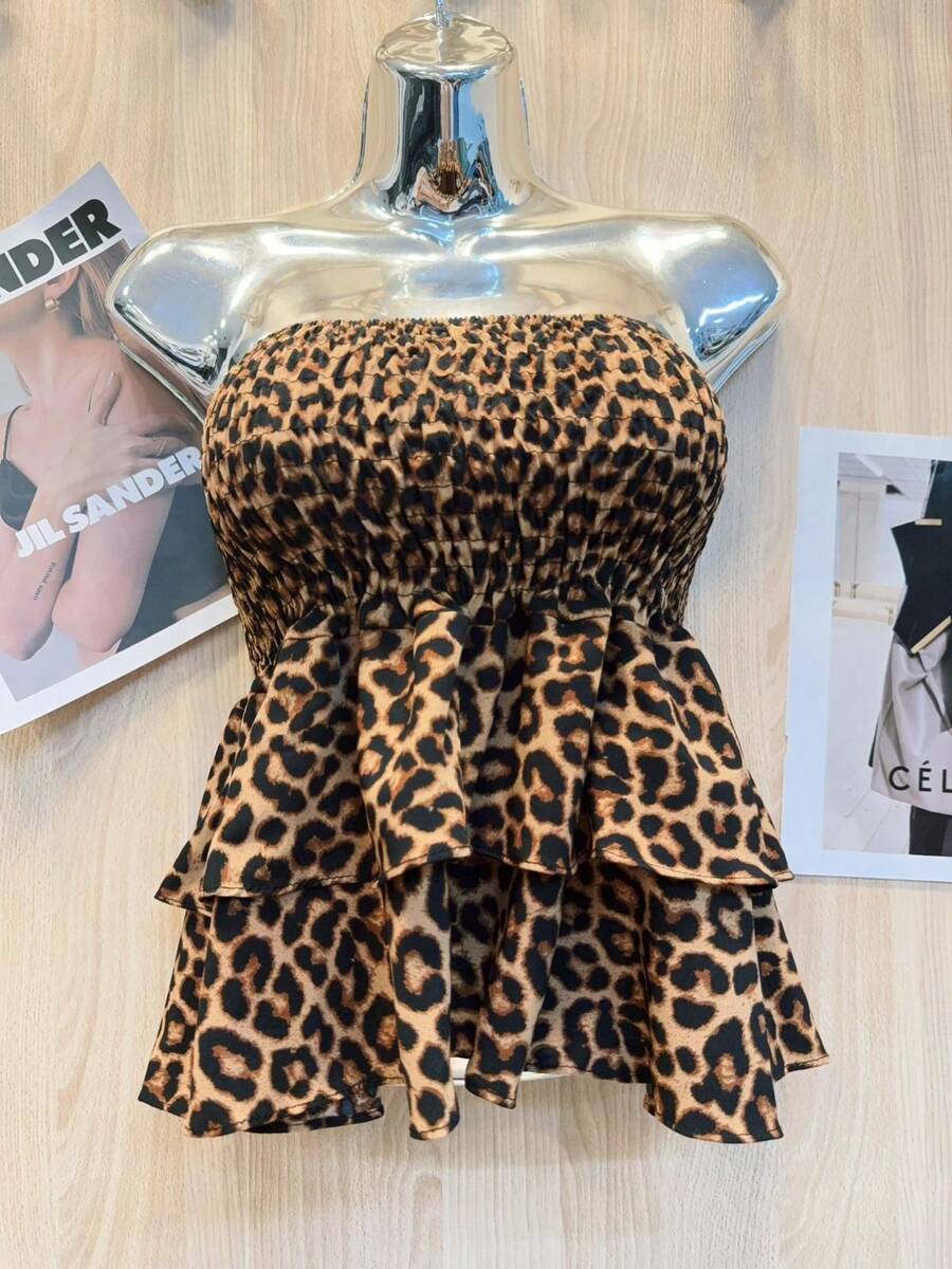 Printed Cropped Blouse With Elastic Ruffle - Rust Brown - View 1