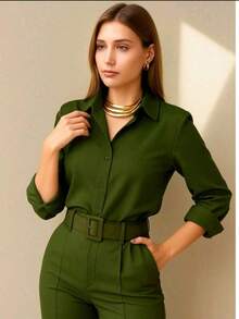 Fiminina Long Sleeve Plain Dress Shirt With Buttons On The Front Simple Buttons On The Front Button - 軍綠色 - 查看 1