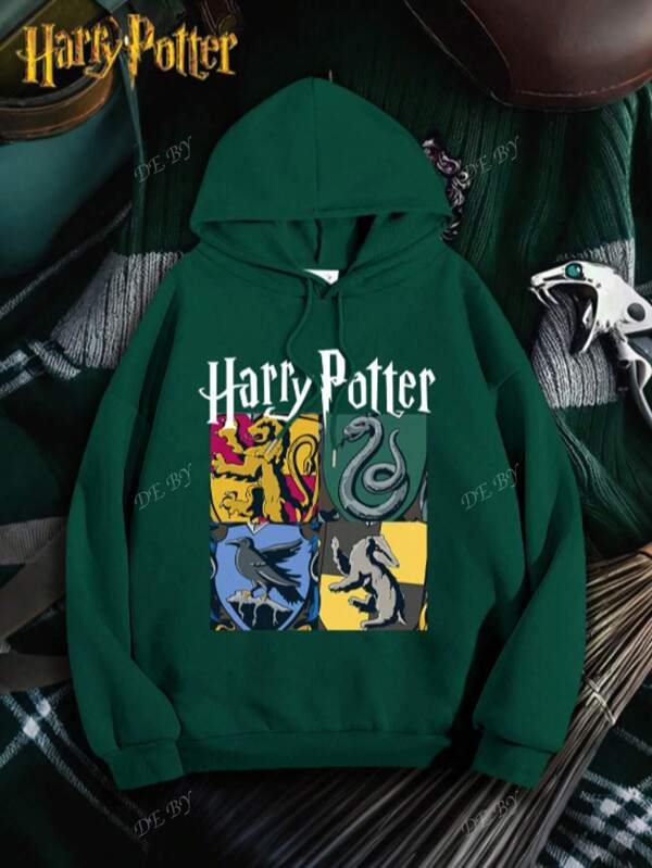 Warner Bros Weiche und atmungsaktive Baumwolle, überschnittene Schultern, übergroß, bequem, lässiger Kapuzenpullover im amerikanischen Retro-Stil, vielseitiger Basic-Kapuzenpullover im Street-College-Stil mit Kordelzug, sportliches Langarmoberteil, Musterdrucke mit dem Abzeichen "Harry Potters Vier-Häuser"