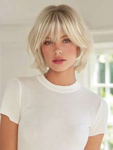 SMILCO 10-Inch Women's Wig, Blonde Gradient With Bangs, Comfortable And Breathable, Suitable For Daily Wear, Synthetic Fiber - Độ dốc vàng - Xem 1