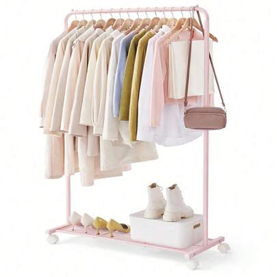 Clothes Rack With Wheels, Clothing Rack For Hanging Clothes, 25.4mm Metal Garment Rack With Dense Mesh Storage Shelf, 110 Lb Load Capacity, 2 Brakes, Pink