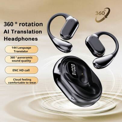 2025 AI Translation 144 Languages True Wireless New Design Clip-On Comfortable Headphones Business Sports Simple Headphones - Multi-Language Support, Smart Dual Mic Silent, Touch Control, Suitable For Android Phones, Perfect For Travel, Social, Learning, Sports - Movie And Game Themes