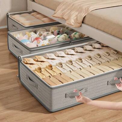 1pc Comforter, Blanket, Bedsheet, Clothing, Plush Doll Storage Bag, Drawer Organizer Bag, Gray Striped Under-Bed Storage Bag, Wardrobe Organizer Bag, Upgraded Thick Fabric, Spacious & Comfortable Handle, Suitable For Home, Bed, Warehouse Storage