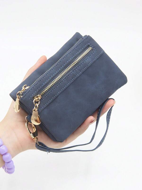 Portafoglio corto blu con doppia cerniera, stile vintage europeo e americano, in pelle PU goffrata ad alta texture, borsa quadrata piccola con polsino, pieghevole ed espandibile, stile college, porta carte multiplo, porta biglietti corto, regalo da festa, boutique porta biglietti