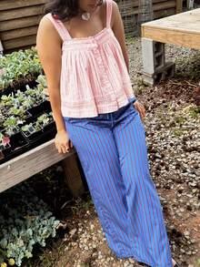 Women Summer Lace Trim Tank Top Casual Sleeveless Button Down Vest Top Loose Babydoll Blouse - 粉色 - 查看 4