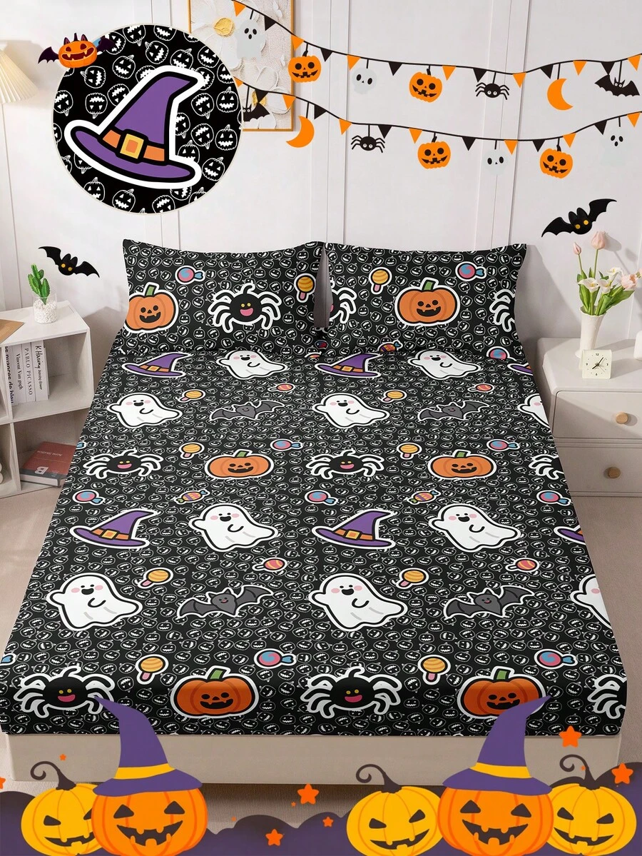 1pc Fitted Sheet, Bedding, Mattress Protector, Bed Cover, Cozy Home Textile, Skin-Friendly, Bed Sheets Set, Breathable And Anti-Pilling Mattress Protector, Soft And Skin-Friendly, For Single, Twin, Full, Queen And King Size, For All Seasons, Machine Washable, Dustproof Bedspread, Back To School, Pillow And PillowCase Not Included(Only 1PC Fitted Sheet), Autumn Decor, Room Decor, Back To School, School Supplies, Halloween - Black - View 1