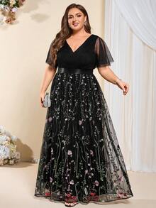 大码V领蕾丝刺绣荷叶袖荷叶袖女士正式舞会礼服，胸前褶裥黑色优雅晚礼服，正式婚礼宾客礼服，毕业典礼、晚宴礼服 - 彩色 - 查看 6