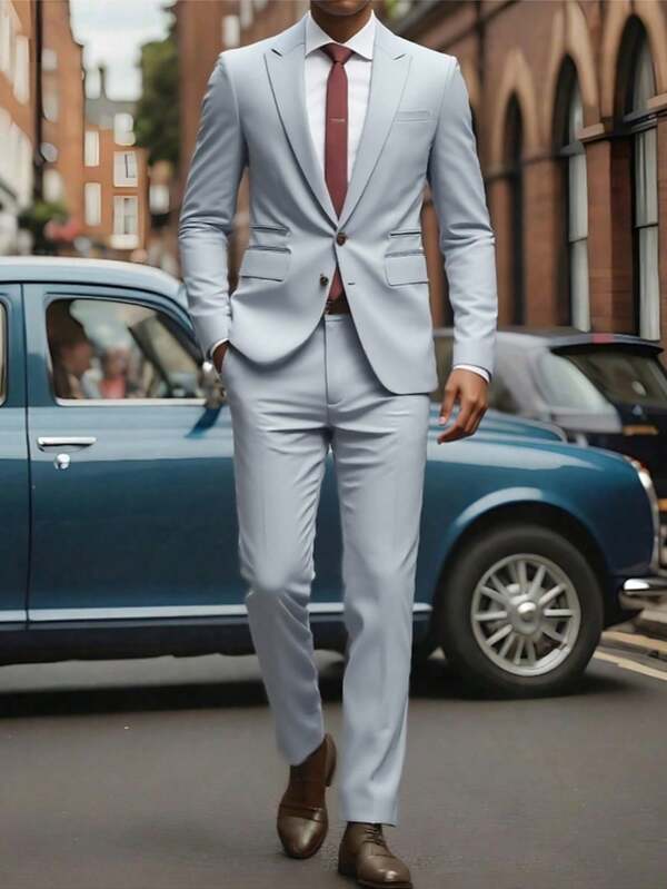 2 piezas Conjunto de chaqueta y pantalón de traje gris plateado para hombre, adecuado para uso casual, de negocios, boda, fiesta, banquete