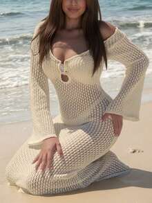 Crochet Deep V-Neck Backless Ruched Waist Fitted Cover-Up Dress, Suitable For Vacation, Women, Fashion & Elegant, Suitable For Beach Wear - Apricot - View 4