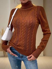 Women Turtleneck Long Sleeve Cable Knit Pullover Slim Fit Solid Sweater Tops - 棕色 - 查看 4