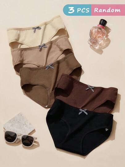 3 Stücke/Pack Damen Baumwoll-Unterhosen, zufällige Farbe Karomuster mit Schleife, süßer Stil, einfarbig minimalistische Dreieck Unterwäsche, Taillenshorts
