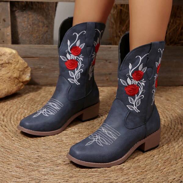 Botas de media caña con punta cuadrada y diseño versátil para mujer, de unicolor con bordado de estilo occidental, adecuadas para la playa, resort, exteriores y todas las estaciones