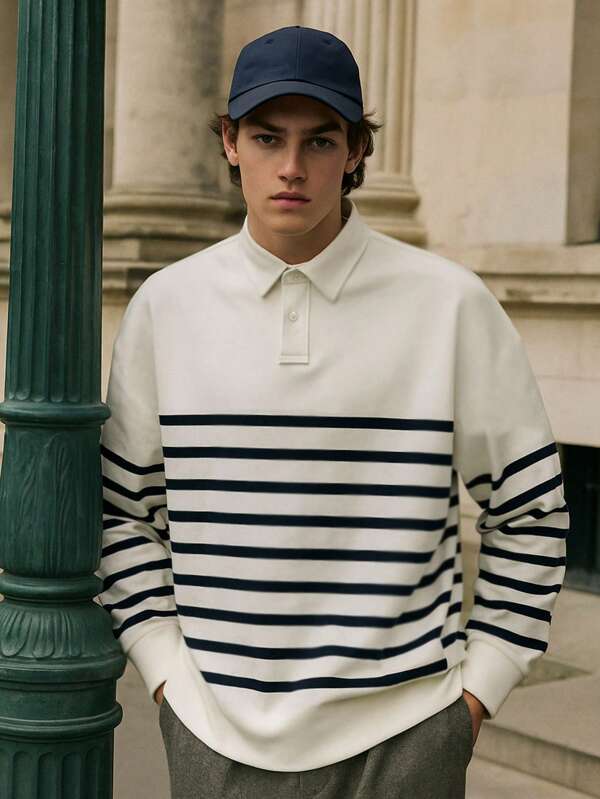 Men's Classic Retro Black & White Striped Polo Shirt. Collegiate Style Commuter Versatile Long Sleeve Polo Collar Sweatshirt, Streetwear Striped Pattern Shirt, Long Sleeve Comfortable Breathable Design, Color Matching, Soft & Skin-Friendly, Elegant & Fashionable, Suitable For Business & Leisure,Fall
