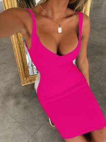 Summer Elegant Spaghetti Strap V Neck Short Bodycon Dress Women Ribbed Bandage Dress Sexy Hot Pink Night Out Cocktail Party Dress Clothes