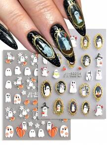 3/2pcs 5D Halloween Nail Stickers, Cute And Funny Ghost Pumpkin Pattern Self-Adhesive Nail Stickers, Halloween Theme Element Nail Art DIY, Nail Salon Nail Design Supplies