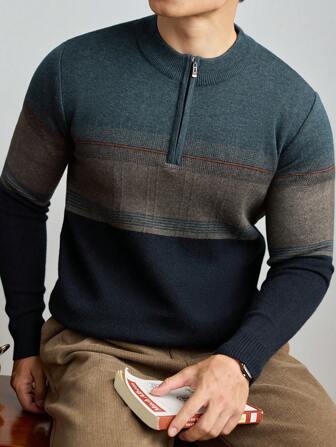 Men Color Block Quarter Zip Sweater