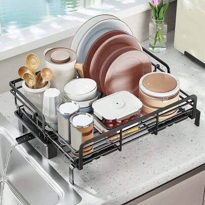 Dragonpad Home Kitchen Dish Drainer Rack Rustproof Stainless Steel Space-Saving Dish Rack For Kitchen Counter Cutlery Storage Basket With Draining Board