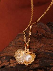 1件不锈钢极光星形珍珠太阳光芒项链，18K金镶嵌小颗闪亮水钻的梦幻大小星星吊坠，适合作为礼物送给妻子、女性朋友或婚礼。 - 貝殼仿珍珠項鍊 - 查看 5