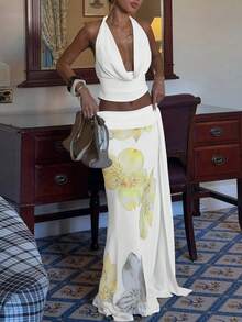 Bộ đồ hai mảnh hở lưng buộc dây cho nữ, áo crop top hở vai và chân váy lưới dài xẻ tà in họa tiết hoa thanh lịch, gợi cảm - trắng - Xem 5