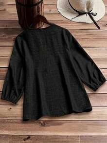 Women's Grey Half Zip Long Sleeve Loose Blouse, Casual Spring Summer Vacation Top - 黑色 - 查看 5