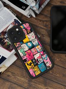 1 件涂鸦复古图案经典简约复古拼布美学风格适合赠送给朋友、家人、情侣、生日、节日，黑色哑光软壳防尘防水兼容 16/15/14/13/12/11/Pro/ProMax/X/XR/XS/XSMAX/7/8/PLUS、Galaxy、Redmi、OPPO、Vivo、Infinix