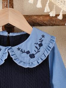 Young Girls' Preppy Style Embroidered Peter Pan Collar 2 In 1 Long Sleeve Patchwork Dress