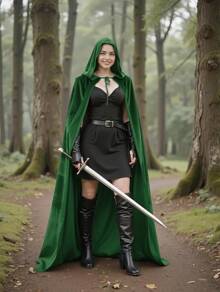 Black Witch Velvet Halloween Hooded Cape King Robe Outfit Renaissance Medieval Costume
