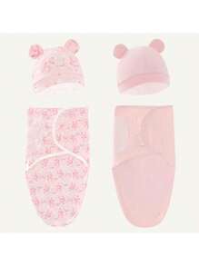 4 pièces de vêtements d'emmaillotage pour nouveau-nés avec motifs aléatoires, sac de couchage de printemps pour bébé, enveloppement de maternité, couverture anti-effroi pour bébé, serviette d'emmaillotage et bonnet d'amour pour la Saint-Valentin