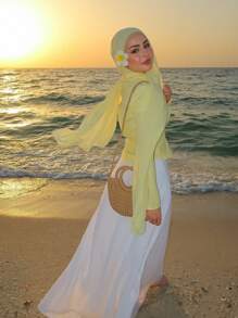 1 件纯色珍珠雪纺围巾，休闲优雅透气头巾，户外防晒头巾，适合日常、海滩和度假