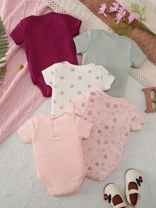 5pcs Baby Girls' Cute Cartoon Short Sleeve Cotton Rompers, Spring/Summer - Baby Pink - View 3