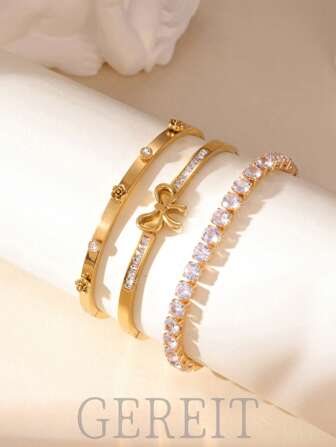 1 buc Brățară de damă din oțel inoxidabil 18K cu zirconiu cubic și fluture și floare