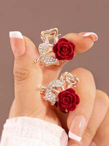 1pc Women's Elegant Red Rose Tassel Crystal Hair Claw Clip, Ideal Gift Hair Clips Hair Jaw Clip Hair Clamps Hair Clutch Hair Catcher Clip