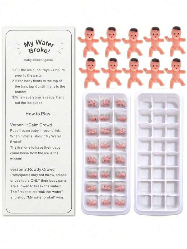 My Water Break Baby Shower Game, Includes 24 Mini Plastic Babies, 1 White Soft Rubber Ice Cube Tray For Easy Removal Of Ice Cubes For Chilled Baby Shower Games