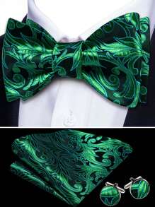 1 Pc Groomsmen 3‑Piece Set (Bow Tie + Pocket Square + Cufflinks) – Vintage Paisley Wedding Accessories Kit, Wrinkle-Free Gold Textured Bowtie Gift For Groom, Formal Party, Holiday, Best Man Outfit