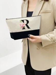 1个字母印花拼接女士手提包/化妆包，教师节礼物，可重复使用手拿包，简约大容量女士旅行化妆包，多功能便携女士礼品，休闲收纳袋，全新购物理想之选，男女通用，情侣款，日常使用，节日，返校季