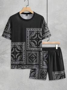 Conjunto hombre, camiseta De Tirantes Y Pantalones Cortos Con Estampado Paisley Para Hombres - Negro - Ver 2