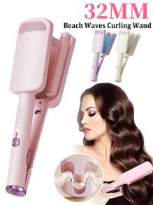 Curling Iron Hair Crimper Waver - 32mm Beach Waves Curling Wand, Deep Waver Hair Curler Tool With Ceramic 3 Barrel For Women, Dual Voltage, Anti-Scald, Easy To Use, Pink, 1.25 Inch