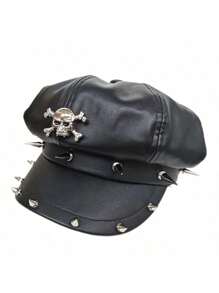 1pc Women Punk Leopard Print Spider Rivet Leather Beret Hat, Suitable For Daily Commute Or Party Halloween
