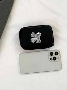 便携式迷你收纳包，带有 Y2k 银色蝴蝶结装饰元素，防水防摔 Eva 材质硬壳相机包，防震收纳盒，适用于存放数码相机和数码产品，可存放耳机，适合夏季度假旅行、户外活动线缆整理器旅行必需品 - 黑色 - 查看 5