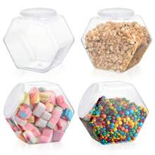 Tarro de plástico hexagonal transparente con tapas, envases para galletas y dulces, recipiente de almacenamiento de alimentos reutilizable, suministros de cocina