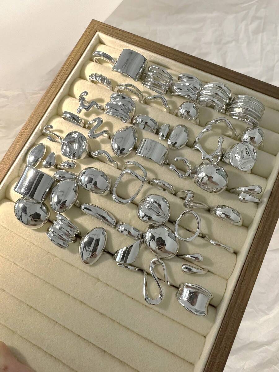 6/14/15pcs Elegant Vintage Geometric Chunky Wide Band Rings Set. Fashion Jewelry For Daily Wear, Party, Date & Holiday Gift For Women - 銀色 - 查看 1