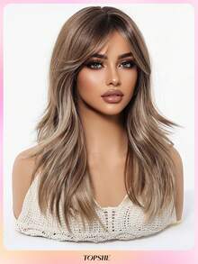 Großzügige und temperamentvolle 50 cm lange Perücke aus hitzebeständigem synthetischem Material in Leinenbraun mit Pony und lockiger Frisur, geeignet für Alltag, Partys und Reisen