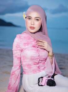 1 件纯色珍珠雪纺围巾，休闲优雅透气头巾，户外防晒头巾，适合日常、海滩和度假