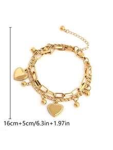 1 Pieza Brazalete vintage de doble capa con forma de corazón para adolescentes, estilo cool y hip-hop, brazalete de cadena con cuentas personalizado - Multicolor - Ver 5